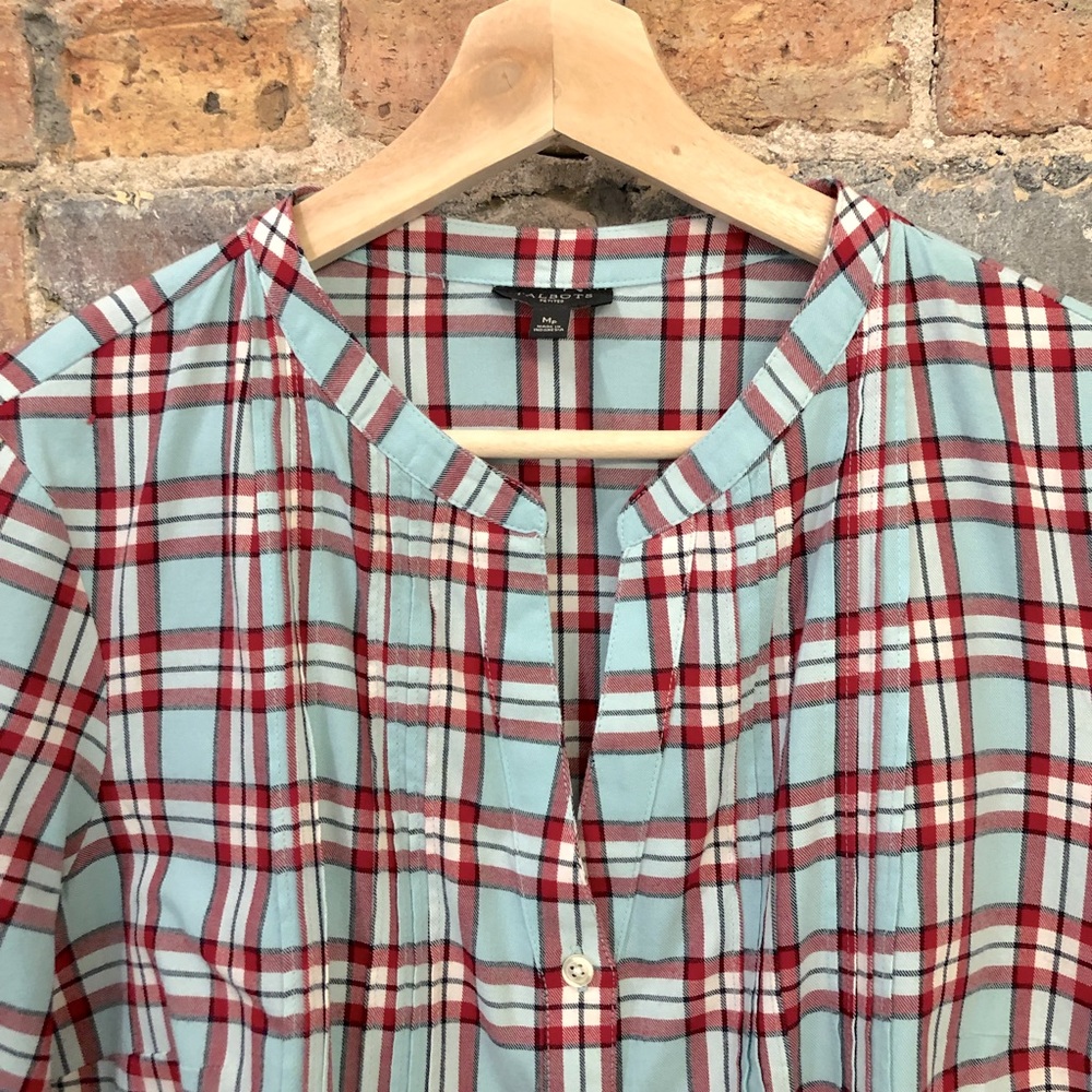 Talbots Petites red/light blue plaid v-neck blouse